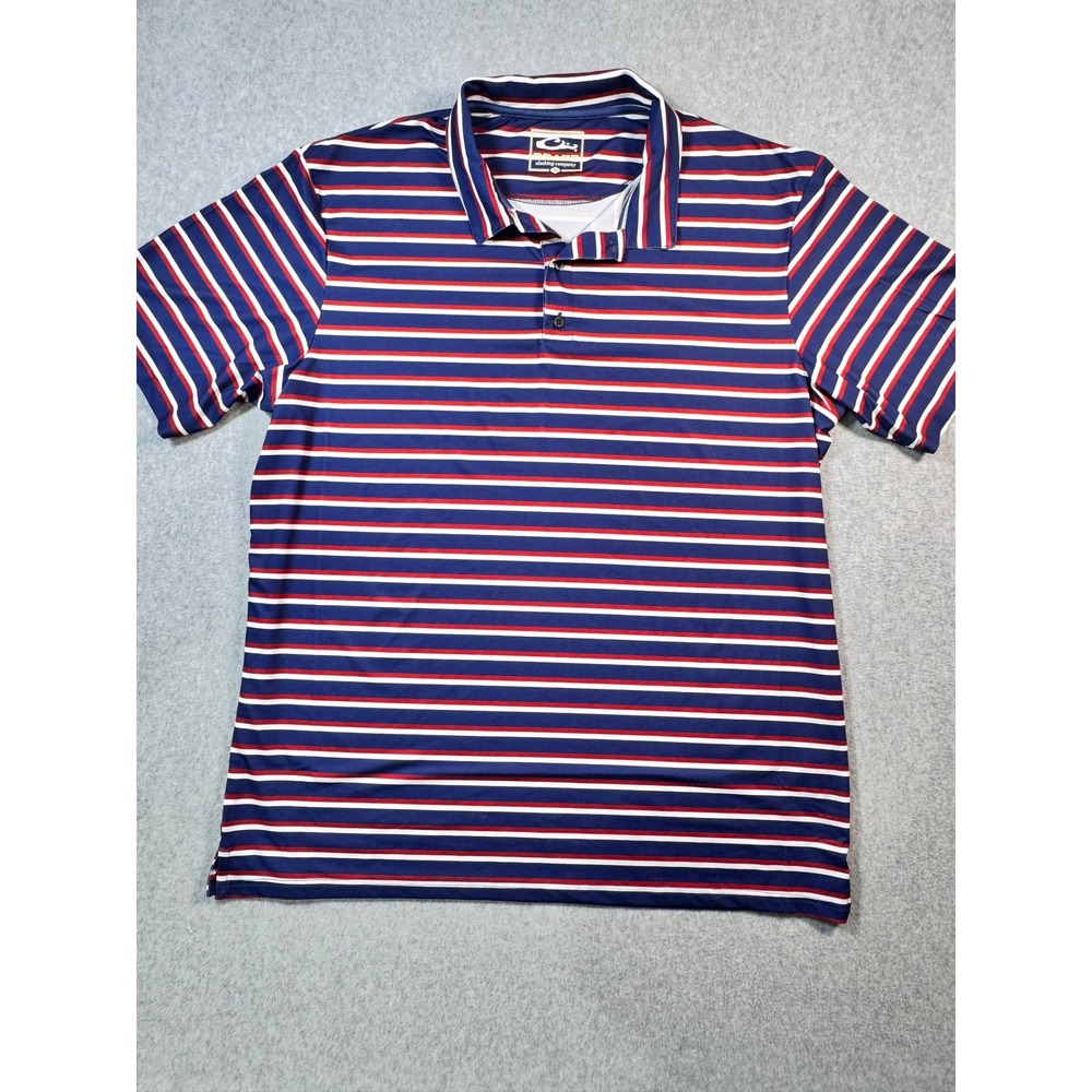 Drake Clothing Company Mens XL Polo Shirt Navy Blue Red White Striped Stretch